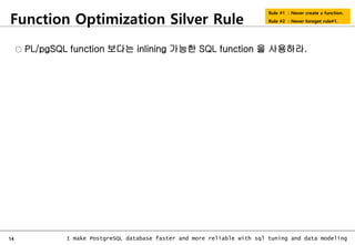 14 I make PostgreSQL database faster and more reliable with sql tuning and data modeling
Function Optimization Silver Rule
Rule #1 : Never create a function.
Rule #2 : Never foreget rule#1.
○ PL/pgSQL function 보다는 inlining 가능한 SQL function 을 사용하라.
 