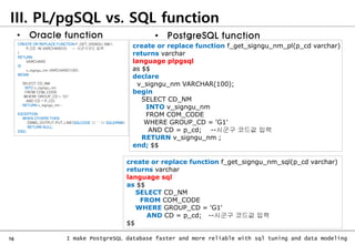 16 I make PostgreSQL database faster and more reliable with sql tuning and data modeling
III. PL/pgSQL vs. SQL function
CREATE OR REPLACE FUNCTION F_GET_SIGNGU_NM (
P_CD IN VARCHAR2(5) -- 시군구코드 입력
)
RETURN
VARCHAR2
IS
v_signgu_nm VARCHAR2(100);
BEGIN
SELECT CD_NM
INTO v_signgu_nm
FROM COM_CODE
WHERE GROUP_CD = 'G1'
AND CD = P_CD;
RETURN v_signgu_nm ;
EXCEPTION
WHEN OTHERS THEN
DBMS_OUTPUT.PUT_LINE(SQLCODE || ' ' || SQLERRM);
RETURN NULL;
END;
• Oracle function
create or replace function f_get_signgu_nm_pl(p_cd varchar)
returns varchar
language plpgsql
as $$
declare
v_signgu_nm VARCHAR(100);
begin
SELECT CD_NM
INTO v_signgu_nm
FROM COM_CODE
WHERE GROUP_CD = 'G1'
AND CD = p_cd; --시군구 코드값 입력
RETURN v_signgu_nm ;
end; $$
create or replace function f_get_signgu_nm_sql(p_cd varchar)
returns varchar
language sql
as $$
SELECT CD_NM
FROM COM_CODE
WHERE GROUP_CD = 'G1'
AND CD = p_cd; --시군구 코드값 입력
$$
• PostgreSQL function
 