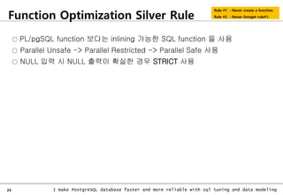 24 I make PostgreSQL database faster and more reliable with sql tuning and data modeling
Function Optimization Silver Rule
Rule #1 : Never create a function.
Rule #2 : Never foreget rule#1.
○ PL/pgSQL function 보다는 inlining 가능한 SQL function 을 사용
○ Parallel Unsafe -> Parallel Restricted -> Parallel Safe 사용
○ NULL 입력 시 NULL 출력이 확실한 경우 STRICT 사용
 