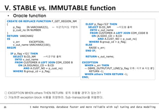 25 I make PostgreSQL database faster and more reliable with sql tuning and data modeling
V. STABLE vs. IMMUTABLE function
CREATE OR REPLACE FUNCTION F_GET_REGION_NM
(
p_flag IN VARCHAR2(5), -- 시군구/시도 구분자
p_cust_no IN NUMBER
)
RETURN VARCHAR2
IS
v_err EXCEPTION;
v_out_name VARCHAR2(100);
BEGIN
IF p_flag ='G1' THEN
SELECT B.CD_NM --시군구명 출력
INTO v_out_name
FROM CUSTOMER A LEFT JOIN COM_CODE B
ON (A.SIGUNGU_CD = B.CD
AND A.CUST_NO = p_cust_no)
WHERE B.group_cd = p_flag;
• Oracle function
ELSIF p_flag='G3' THEN
SELECT B.CD_NM --시도명 출력
INTO v_out_name
FROM CUSTOMER A LEFT JOIN COM_CODE B
ON (A.SIDO_CD = B.CD
AND A.CUST_NO = p_cust_no)
WHERE B.group_cd = p_flag;
ELSE
RAISE v_err;
END IF;
RETURN v_out_name;
EXCEPTION
WHEN v_err THEN
-- DBMS_OUTPUT.PUT_LINE('p_flag 오류: 시구 A 시도 B’)
RETURN -1;
WHEN others THEN RETURN -1;
END;
○ EXCEPTION WHEN others THEN RETURN 로직 이용할 경우가 있는가?
○ 가능하면 exception block 사용을 지양하라. Sub-transaction을 유발한다.
 