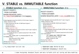 30 I make PostgreSQL database faster and more reliable with sql tuning and data modeling
V. STABLE vs. IMMUTABLE function
• IMMUTABLE function 성능
• STABLE function 성능
SELECT COUNT(*)
FROM CUSTOMER
WHERE REGISTER_DATE >
TO_TIMESTAMP('20201201','YYYYMMDD');
Finalize Aggregate (actual time=126.310..127.914 rows=1 loops=1)
Buffers: shared hit=11364
-> Gather (actual time=126.184..127.909 rows=3 loops=1)
Workers Planned: 2
Workers Launched: 2
Buffers: shared hit=11364
-> Partial Aggregate (actual time=123.276..123.277 rows=1 loops=3)
Buffers: shared hit=11364
-> Parallel Seq Scan on customer (actual time=1.532..122.762
rows=10700 loops=3)
Filter: (register_date > to_timestamp('20201201'::text,
'YYYYMMDD'::text))
Rows Removed by Filter: 322633
Buffers: shared hit=11364
Planning Time: 0.070 ms
Execution Time: 127.938 ms
SELECT COUNT(*)
FROM CUSTOMER
WHERE REGISTER_DATE > make_date(2020,12,1);
Finalize Aggregate (actual time=28.726..30.411 rows=1 loops=1)
Buffers: shared hit=11364
-> Gather (actual time=28.586..30.405 rows=3 loops=1)
Workers Planned: 2
Workers Launched: 2
Buffers: shared hit=11364
-> Partial Aggregate (actual time=25.899..25.900 rows=1 loops=3)
Buffers: shared hit=11364
-> Parallel Seq Scan on customer (actual time=0.334..25.469
rows=10700 loops=3)
Filter: (register_date > '2020-12-01'::date)
Rows Removed by Filter: 322633
Buffers: shared hit=11364
Planning Time: 0.055 ms
Execution Time: 30.433 ms
○ TO_TIMESTAMP 100 만번 수행 ○ '20201201'::date 형변환 1회 발생
○ '20201201'::timestamp 도 동일한 성능
 