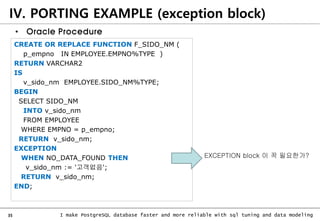 35 I make PostgreSQL database faster and more reliable with sql tuning and data modeling
IV. PORTING EXAMPLE (exception block)
CREATE OR REPLACE FUNCTION F_SIDO_NM (
p_empno IN EMPLOYEE.EMPNO%TYPE )
RETURN VARCHAR2
IS
v_sido_nm EMPLOYEE.SIDO_NM%TYPE;
BEGIN
SELECT SIDO_NM
INTO v_sido_nm
FROM EMPLOYEE
WHERE EMPNO = p_empno;
RETURN v_sido_nm;
EXCEPTION
WHEN NO_DATA_FOUND THEN
v_sido_nm := '고객없음';
RETURN v_sido_nm;
END;
• Oracle Procedure
EXCEPTION block 이 꼭 필요한가?
 