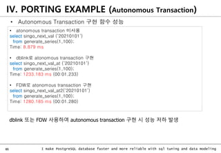 65 I make PostgreSQL database faster and more reliable with sql tuning and data modeling
IV. PORTING EXAMPLE (Autonomous Transaction)
• atonomous transaction 미사용
select singo_next_val (‘20210101’)
from generate_series(1,100);
Time: 8.879 ms
• dblink로 atonomous transaction 구현
select singo_next_val_at (‘20210101’)
from generate_series(1,100);
Time: 1233.183 ms (00:01.233)
• FDW로 atonomous transaction 구현
select singo_next_val_at2(‘20210101’)
from generate_series(1,100);
Time: 1280.185 ms (00:01.280)
dblink 또는 FDW 사용하여 autonomous transaction 구현 시 성능 저하 발생
• Autonomous Transaction 구현 함수 성능
 
