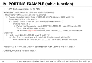 73 I make PostgreSQL database faster and more reliable with sql tuning and data modeling
• 내부 SQL statement 실행 계획
Hash Join (cost=29861.00..29974.01 rows=4 width=15)
Hash Cond: (offline_order.empno = a.empno)
-> Finalize HashAggregate (cost=29625.90..29675.85 rows=4995 width=13)
Group Key: offline_order.empno
-> Gather (cost=28527.00..29575.95 rows=9990 width=13)
Workers Planned: 2
-> Partial HashAggregate (cost=27527.00..27576.95 rows=4995 width=13)
Group Key: offline_order.empno
-> Parallel Seq Scan on offline_order (cost=0.00..25443.67 rows=416667
width=13)
-> Hash (cost=235.00..235.00 rows=8 width=12)
-> Seq Scan on employee a (cost=0.00..235.00 rows=8 width=12)
Filter: (hiredate >= '2021-10-21 00:00:00'::timestamp without time zone
IV. PORTING EXAMPLE (table function)
PostgreSQL 옵티마이저는 Oracle의 Join Predicate Push Down 을 지원하지 않는다.
OFFLINE_ORDER 를 full scan 하였다.
 