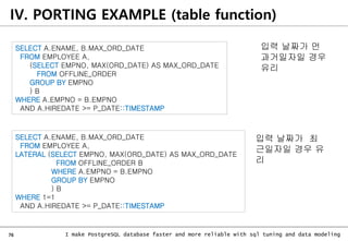 76 I make PostgreSQL database faster and more reliable with sql tuning and data modeling
IV. PORTING EXAMPLE (table function)
SELECT A.ENAME, B.MAX_ORD_DATE
FROM EMPLOYEE A,
(SELECT EMPNO, MAX(ORD_DATE) AS MAX_ORD_DATE
FROM OFFLINE_ORDER
GROUP BY EMPNO
) B
WHERE A.EMPNO = B.EMPNO
AND A.HIREDATE >= P_DATE::TIMESTAMP
SELECT A.ENAME, B.MAX_ORD_DATE
FROM EMPLOYEE A,
LATERAL (SELECT EMPNO, MAX(ORD_DATE) AS MAX_ORD_DATE
FROM OFFLINE_ORDER B
WHERE A.EMPNO = B.EMPNO
GROUP BY EMPNO
) B
WHERE 1=1
AND A.HIREDATE >= P_DATE::TIMESTAMP
입력 날짜가 먼
과거일자일 경우
유리
입력 날짜가 최
근일자일 경우 유
리
 
