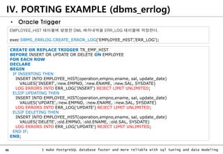 86 I make PostgreSQL database faster and more reliable with sql tuning and data modeling
IV. PORTING EXAMPLE (dbms_errlog)
• Oracle Trigger
CREATE OR REPLACE TRIGGER TR_EMP_HIST
BEFORE INSERT OR UPDATE OR DELETE ON EMPLOYEE
FOR EACH ROW
DECLARE
BEGIN
IF INSERTING THEN
INSERT INTO EMPLOYEE_HIST(operation,empno,ename, sal, update_date)
VALUES('INSERT',:new.EMPNO, :new.ENAME, :new.SAL, SYSDATE)
LOG ERRORS INTO ERR_LOG('INSERT') REJECT LIMIT UNLIMITED;
ELSIF UPDATING THEN
INSERT INTO EMPLOYEE_HIST(operation,empno,ename, sal, update_date)
VALUES('UPDATE',:new.EMPNO, :new.ENAME, :new.SAL, SYSDATE)
LOG ERRORS INTO ERR_LOG('UPDATE') REJECT LIMIT UNLIMITED;
ELSIF DELETING THEN
INSERT INTO EMPLOYEE_HIST(operation,empno,ename, sal, update_date)
VALUES('DELETE',:old.EMPNO, :old.ENAME, :old.SAL, SYSDATE)
LOG ERRORS INTO ERR_LOG('UPDATE') REJECT LIMIT UNLIMITED;
END IF;
END;
EMPLOYEE_HIST 테이블에 발생한 DML 에러내역을 ERR_LOG 테이블에 저장한다.
exec DBMS_ERRLOG.CREATE_ERROR_LOG(‘EMPLOYEE_HIST’,’ERR_LOG’);
 