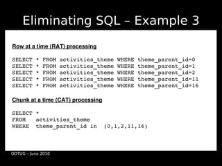 Eliminating SQL – Example 3
Row at a time (RAT) processing

SELECT * FROM activities_theme WHERE theme_parent_id=0
SELECT * FROM activities_theme WHERE theme_parent_id=1
SELECT * FROM activities_theme WHERE theme_parent_id=2
SELECT * FROM activities_theme WHERE theme_parent_id=11
SELECT * FROM activities_theme WHERE theme_parent_id=16

Chunk at a time (CAT) processing

SELECT * 
FROM   activities_theme 
WHERE  theme_parent_id in  (0,1,2,11,16) 



ODTUG – June 2010
 