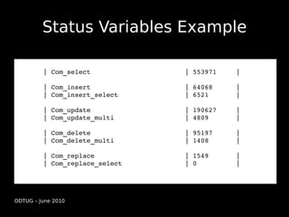 Status Variables Example

         | Com_select                        | 553971     |

         | Com_insert                        | 64068      |
         | Com_insert_select                 | 6521       |

         | Com_update                        | 190627     |
         | Com_update_multi                  | 4809       |

         | Com_delete                        | 95197      |
         | Com_delete_multi                  | 1408       |

         | Com_replace                       | 1549       |
         | Com_replace_select                | 0          |




ODTUG – June 2010
 
