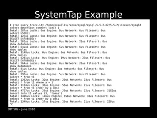 SystemTap Example
 # stap query_trace.sty /home/posulliv/repos/mysql/mysql-5.5.2-m2/5.5.2/libexec/mysqld
 select @@version_comment limit 1
 Total: 287us Locks: 0us Engine: 0us Network: 6us Filesort: 0us
 select USER()
 Total: 127us Locks: 0us Engine: 0us Network: 6us Filesort: 0us
 SELECT DATABASE()
 Total: 562us Locks: 0us Engine: 0us Network: 21us Filesort: 0us
 show databases
 Total: 642us Locks: 0us Engine: 5us Network: 6us Filesort: 0us
 show tables
 Total: 1148us Locks: 0us Engine: 6us Network: 6us Filesort: 0us
 show tables
 Total: 6201us Locks: 0us Engine: 19us Network: 23us Filesort: 0us
 SELECT DATABASE()
 Total: 564us Locks: 0us Engine: 0us Network: 21us Filesort: 0us
 show databases
 Total: 81us Locks: 0us Engine: 5us Network: 6us Filesort: 0us
 show tables
 Total: 293us Locks: 0us Engine: 5us Network: 6us Filesort: 0us
 select * from t1
 Total: 1202us Locks: 32us Engine: 20us Network: 23us Filesort: 0us
 select * from t1 where a = 1
 Total: 1134us Locks: 30us Engine: 56us Network: 21us Filesort: 0us
 select * from t1 order by a desc
 Total: 4727us Locks: 26us Engine: 20us Network: 22us Filesort: 3182us
 insert into t1 values (3, 'tomas')
 Total: 3406us Locks: 146us Engine: 858us Network: 30us Filesort: 0us
 select * from t1 order by a desc
 Total: 1340us Locks: 27us Engine: 20us Network: 21us Filesort: 228us
 ^C
ODTUG – June 2010
 