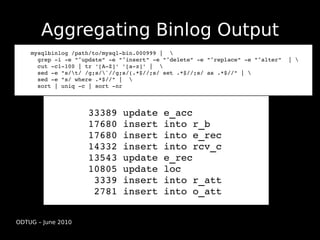 Aggregating Binlog Output
    mysqlbinlog /path/to/mysql­bin.000999 |  
      grep ­i ­e "^update" ­e "^insert" ­e "^delete" ­e "^replace" ­e "^alter"  | 
      cut ­c1­100 | tr '[A­Z]' '[a­z]' |  
      sed ­e "s/t/ /g;s/`//g;s/(.*$//;s/ set .*$//;s/ as .*$//" | 
      sed ­e "s/ where .*$//" |  
      sort | uniq ­c | sort ­nr  



                      33389 update e_acc
                      17680 insert into r_b
                      17680 insert into e_rec
                      14332 insert into rcv_c
                      13543 update e_rec
                      10805 update loc
                       3339 insert into r_att
                       2781 insert into o_att


ODTUG – June 2010
 