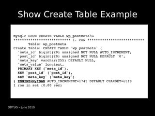 Show Create Table Example

   mysql> SHOW CREATE TABLE wp_postmetaG
   *************************** 1. row ***************************
          Table: wp_postmeta
   Create Table: CREATE TABLE `wp_postmeta` (
     `meta_id` bigint(20) unsigned NOT NULL AUTO_INCREMENT,
     `post_id` bigint(20) unsigned NOT NULL DEFAULT '0',
     `meta_key` varchar(255) DEFAULT NULL,
     `meta_value` longtext,
     PRIMARY KEY (`meta_id`),
     KEY `post_id` (`post_id`),
     KEY `meta_key` (`meta_key`)
   ) ENGINE=MyISAM AUTO_INCREMENT=1745 DEFAULT CHARSET=utf8
   1 row in set (0.00 sec)




ODTUG – June 2010
 