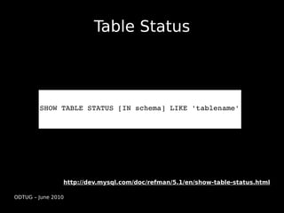Table Status



        SHOW TABLE STATUS [IN schema] LIKE 'tablename'




                http://dev.mysql.com/doc/refman/5.1/en/show-table-status.html

ODTUG – June 2010
 