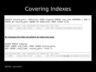 Covering Indexes
SELECT source_port, SUM(size) FROM logging WHERE log_time BETWEEN 1 AND 2 
GROUP BY source_port ORDER BY SUM(size) DESC LIMIT 0,20
+­­­­+­­­­­­­­­­­­­+­­­­­­­­­+­­­­­­­+­­­­­­­­­­­­­­­+­­­­­­+­­­­­­­­­+­­­­­­+­­­­­­­+­­­­­­­­­­­­­­­­­­­­­­­­­­­­­­­­­­­­­­­­­­­­­­+
| id | select_type | table   | type  | possible_keys | key  | key_len | ref  | rows  | Extra                                        |
+­­­­+­­­­­­­­­­­­­+­­­­­­­­­+­­­­­­­+­­­­­­­­­­­­­­­+­­­­­­+­­­­­­­­­+­­­­­­+­­­­­­­+­­­­­­­­­­­­­­­­­­­­­­­­­­­­­­­­­­­­­­­­­­­­­­+
|  1 | SIMPLE      | logging | range | log_time      | log_t| 4       | NULL | 69997 | Using where; Using temporary; Using filesort | 
+­­­­+­­­­­­­­­­­­­+­­­­­­­­­+­­­­­­­+­­­­­­­­­­­­­­­+­­­­­­+­­­­­­­­­+­­­­­­+­­­­­­­+­­­­­­­­­­­­­­­­­­­­­­­­­­­­­­­­­­­­­­­­­­­­­­+




By changing the index we achieve an index only scan.


ALTER TABLE logging
DROP INDEX log_time, DROP INDEX source_port,
ADD INDEX (log_time, source_port, size );
+­­­­+­­­­­­­­­­­­­+­­­­­­­­­+­­­­­­­+­­­­­­­­­­­­­­­+­­­­­­+­­­­­­­­­+­­­­­­+­­­­­­­+­­­­­­­­­­­­­­­­­­­­­­­­­­­­­­­­­­­­­­­­­­­­­­­­­­­­­­­­­­­+
| id | select_type | table   | type  | possible_keys | key  | key_len | ref  | rows  | Extra                                                     |
+­­­­+­­­­­­­­­­­­­+­­­­­­­­­+­­­­­­­+­­­­­­­­­­­­­­­+­­­­­­+­­­­­­­­­+­­­­­­+­­­­­­­+­­­­­­­­­­­­­­­­­­­­­­­­­­­­­­­­­­­­­­­­­­­­­­­­­­­­­­­­­­­+
|  1 | SIMPLE      | logging | range | log_time      | log_t| 4       | NULL | 69977 | Using where; Using index; Using temporary; Using filesort | 
+­­­­+­­­­­­­­­­­­­+­­­­­­­­­+­­­­­­­+­­­­­­­­­­­­­­­+­­­­­­+­­­­­­­­­+­­­­­­+­­­­­­­+­­­­­­­­­­­­­­­­­­­­­­­­­­­­­­­­­­­­­­­­­­­­­­­­­­­­­­­­­­­+




ODTUG – June 2010
 