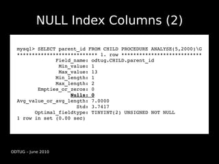 NULL Index Columns (2)

  mysql> SELECT parent_id FROM CHILD PROCEDURE ANALYSE(5,2000)G
  *************************** 1. row ***************************
               Field_name: odtug.CHILD.parent_id
                Min_value: 1
                Max_value: 13
               Min_length: 1
               Max_length: 2
         Empties_or_zeros: 0
                    Nulls: 0
  Avg_value_or_avg_length: 7.0000
                      Std: 3.7417
        Optimal_fieldtype: TINYINT(2) UNSIGNED NOT NULL
  1 row in set (0.00 sec)




ODTUG – June 2010
 