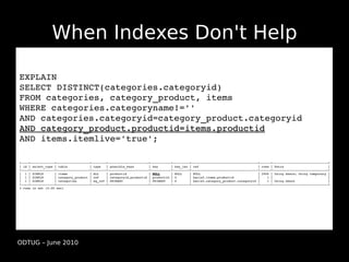 When Indexes Don't Help

EXPLAIN
SELECT DISTINCT(categories.categoryid) 
FROM categories, category_product, items
WHERE categories.categoryname!='' 
AND categories.categoryid=category_product.categoryid
AND category_product.productid=items.productid 
AND category_product.productid=items.productid
AND items.itemlive='true'; 

+­­­­+­­­­­­­­­­­­­+­­­­­­­­­­­­­­­­­­+­­­­­­­­+­­­­­­­­­­­­­­­­­­­­­­+­­­­­­­­­­­+­­­­­­­­­+­­­­­­­­­­­­­­­­­­­­­­­­­­­­­­­­­­­­+­­­­­­+­­­­­­­­­­­­­­­­­­­­­­­­­­­­­­+
| id | select_type | table            | type   | possible_keys        | key       | key_len | ref                                | rows | Extra                        |
+­­­­+­­­­­­­­­­­­­+­­­­­­­­­­­­­­­­­­+­­­­­­­­+­­­­­­­­­­­­­­­­­­­­­­+­­­­­­­­­­­+­­­­­­­­­+­­­­­­­­­­­­­­­­­­­­­­­­­­­­­­­­­­­­+­­­­­­+­­­­­­­­­­­­­­­­­­­­­­­­­­­­­­+
                                                                        NULL      | NULL    | NULL                               | 2906 | Using where; Using temporary | 
|  1 | SIMPLE      | items            | ALL    | productid            | NULL
|  1 | SIMPLE      | category_product | ref    | categoryid,productid | productid | 4       | baris5.items.productid             |    1 |                              | 
|  1 | SIMPLE      | categories       | eq_ref | PRIMARY              | PRIMARY   | 4       | baris5.category_product.categoryid |    1 | Using where                  | 
+­­­­+­­­­­­­­­­­­­+­­­­­­­­­­­­­­­­­­+­­­­­­­­+­­­­­­­­­­­­­­­­­­­­­­+­­­­­­­­­­­+­­­­­­­­­+­­­­­­­­­­­­­­­­­­­­­­­­­­­­­­­­­­­­+­­­­­­+­­­­­­­­­­­­­­­­­­­­­­­­­­­­­­+
3 rows in set (0.00 sec)




ODTUG – June 2010
 