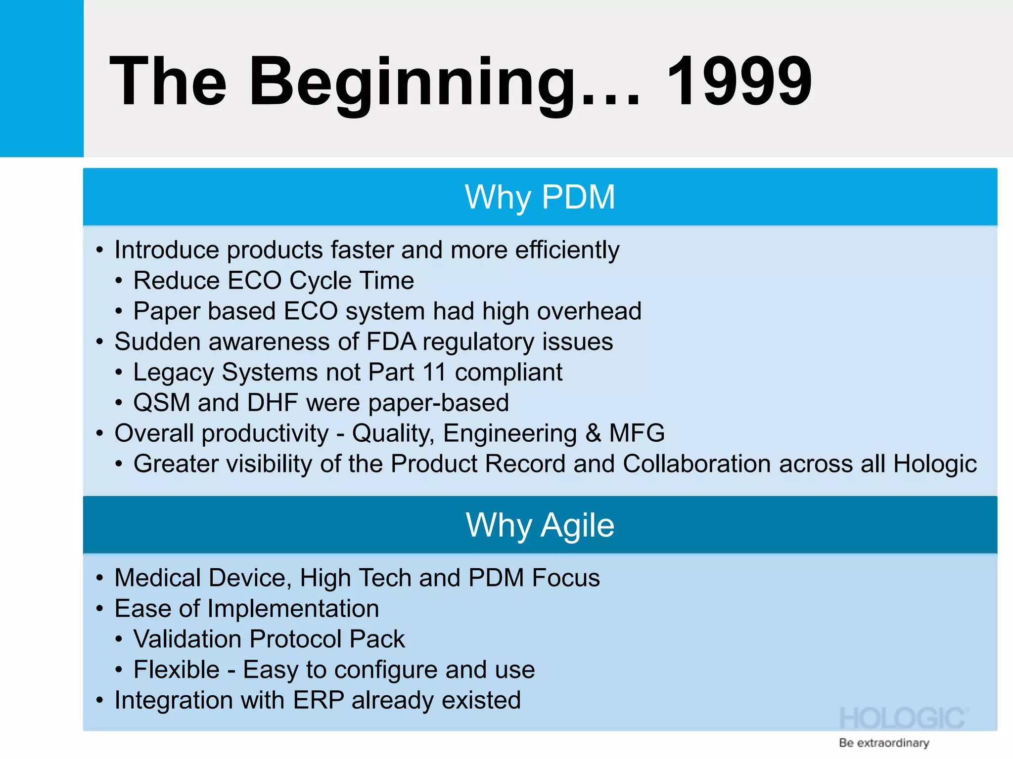 The Beginning… 1999
Why PDM
• Introduce products faster and more efficiently
• Reduce ECO Cycle Time
• Paper based ECO system had high overhead
• Sudden awareness of FDA regulatory issues
• Legacy Systems not Part 11 compliant
• QSM and DHF were paper-based
• Overall productivity - Quality, Engineering & MFG
• Greater visibility of the Product Record and Collaboration across all Hologic
Why Agile
• Medical Device, High Tech and PDM Focus
• Ease of Implementation
• Validation Protocol Pack
• Flexible - Easy to configure and use
• Integration with ERP already existed
 