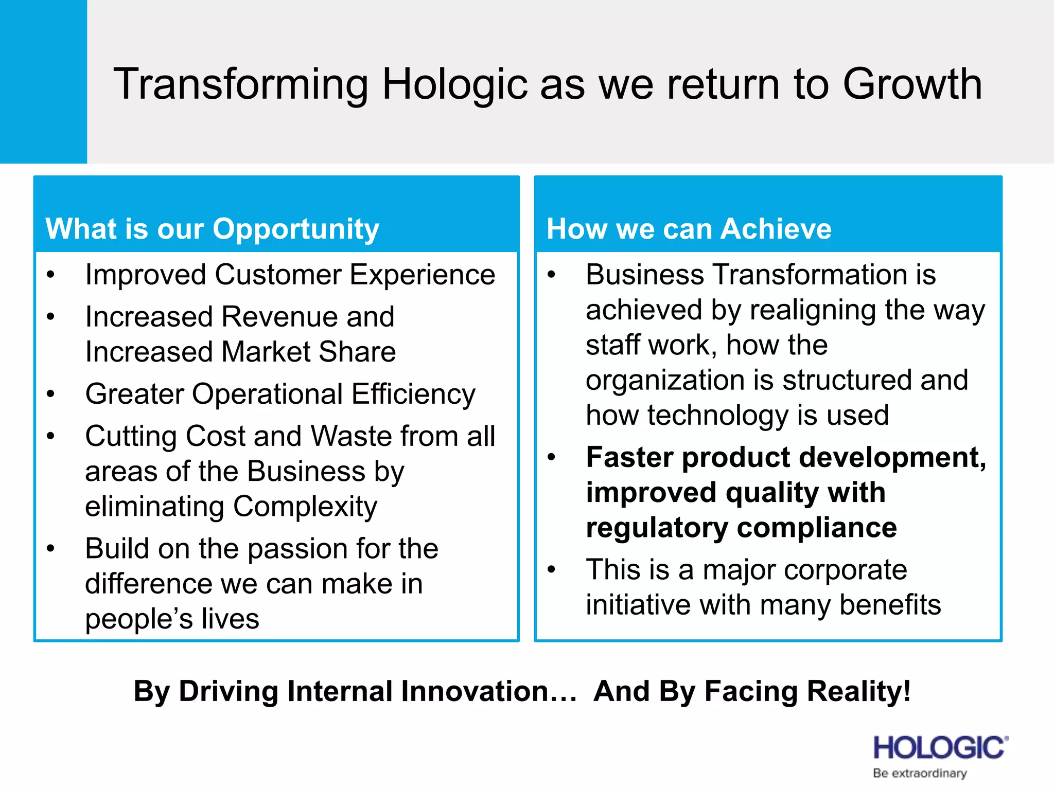 What is our Opportunity
• Improved Customer Experience
• Increased Revenue and
Increased Market Share
• Greater Operational Efficiency
• Cutting Cost and Waste from all
areas of the Business by
eliminating Complexity
• Build on the passion for the
difference we can make in
people’s lives
How we can Achieve
• Business Transformation is
achieved by realigning the way
staff work, how the
organization is structured and
how technology is used
• Faster product development,
improved quality with
regulatory compliance
• This is a major corporate
initiative with many benefits
Transforming Hologic as we return to Growth
By Driving Internal Innovation… And By Facing Reality!
 