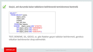 Copyright © 2014 Oracle and/or its affiliates. All rights reserved. | 19
Geçici, atıl durumda kalan tabloların belirlenerek temizlenmesi kontrolü
SELECT *
FROM (SELECT owner,
object_name,
object_type,
created,
last_ddl_time
FROM dba_objects
WHERE object_name LIKE '%TEST%'
OR object_name LIKE '%DENEME%'
OR object_name LIKE '%SIL%'
OR object_name LIKE '%GECICI%');
TEST, DENEME, SIL, GECICI, vs. gibi ifadeler geçen tablolar belirlenmeli, gereksiz
oldukları belirlenenler drop edilmelidir.
 