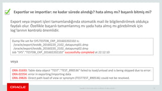 Copyright © 2014 Oracle and/or its affiliates. All rights reserved. | 23
Exportlar ve importlar: ne kadar sürede alındığı? hata almış mı? başarılı bitmiş mi?
Dump file set for SYS.TESTDB_EXP_201602202102 is:
/oracle/export/testdb_20160220_2102_datapump01.dmp
/oracle/export/testdb_20160220_2102_datapump02.dmp
Job "SYS"."TESTDB_EXP_201602202102" successfully completed at 22:12:10
Export veya import işleri tamamlandığında otomatik mail ile bilgilendirilmek oldukça
faydalı olur. Özellikle başarılı tamamlanmış mı yada hata almış mı görebilmek için
log’larının kontrolü önemlidir.
ORA-31693: Table data object "TEST"."TEST_890536" failed to load/unload and is being skipped due to error:
ORA-02354: error in exporting/importing data
ORA-39826: Direct path load of view or synonym (TEST.TEST_890536) could not be resolved.
veya
 
