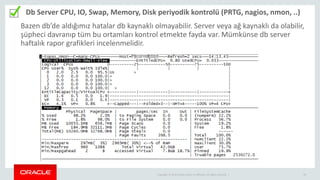 Copyright © 2014 Oracle and/or its affiliates. All rights reserved. | 29
Db Server CPU, IO, Swap, Memory, Disk periyodik kontrolü (PRTG, nagios, nmon, ..)
Bazen db’de aldığımız hatalar db kaynaklı olmayabilir. Server veya ağ kaynaklı da olabilir,
şüpheci davranıp tüm bu ortamları kontrol etmekte fayda var. Mümkünse db server
haftalık rapor grafikleri incelenmelidir.
 