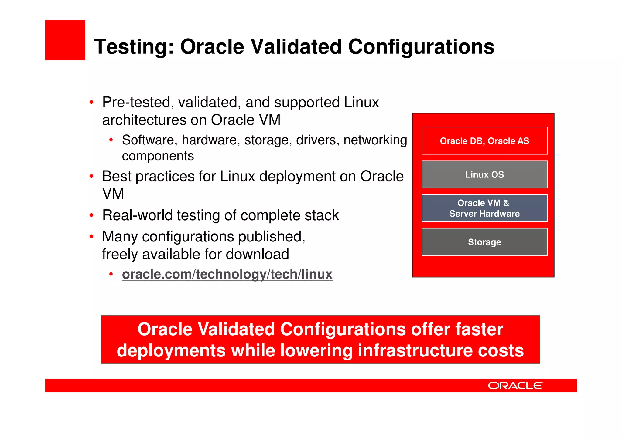 Testing: Oracle Validated Configurations

• Pre-tested, validated, and supported Linux
  architectures on Oracle VM
   • Software, hardware, storage, drivers, networking   Oracle DB, Oracle AS
     components
• Best practices for Linux deployment on Oracle              Linux OS

  VM                                                       Oracle VM &
• Real-world testing of complete stack                    Server Hardware

• Many configurations published,                              Storage
  freely available for download
   • oracle.com/technology/tech/linux



      Oracle Validated Configurations offer faster
    deployments while lowering infrastructure costs
 