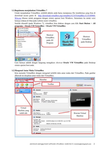 1.1.Bagaimana menjalankan VirtualBox ?
Untuk menjalankan VirtualBox, terlebih dahulu anda harus mempunya file installernya yang bisa di
download secara gratis di http://download.virtualbox.org/virtualbox/4.3.0/VirtualBox-4.3.0-89960Win.exe khusus untuk pengguna dengan sistem operasi host Windows. Sementara itu untuk versi
lainnya silakan di lihat pada website resmi virtualbox.
Setelah diinstall (pada Windows 7), virtualbox bisa diakses dengan cara klik Start Button > All
programs > Oracle VM VirtualBox > Oracle VM VirtualBox

Shortcut
VirtualBox
pada All
Program

Shortcut
VirtualBox
pada Desktop

Cara lainnya adalah dengan langsung mengakses shortcut Oracle VM VirtualBox pada Desktop
sistem operasi host anda.
1.2.Mengenal Antar Muka VirtualBox
Kita memulai VirtualBox dengan mengenal terlebih dulu antar muka dari VirtualBox. Pada gambar
dibawah ini disajikan antar muka dari VirtualBox.
Menubar
Toolbar

Virtual
Machine yang
sudah ada

Rincian Virtual
Machine

panduan penggunaan software virtualbox |edisi ke-2 | victortengker@gmail.com

2

 
