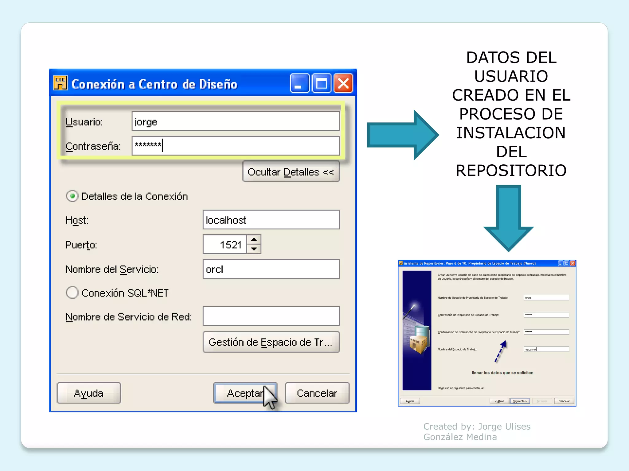 DATOS DEL
         USUARIO
      CREADO EN EL
       PROCESO DE
      INSTALACION
           DEL
      REPOSITORIO




Created by: Jorge Ulises
González Medina
 