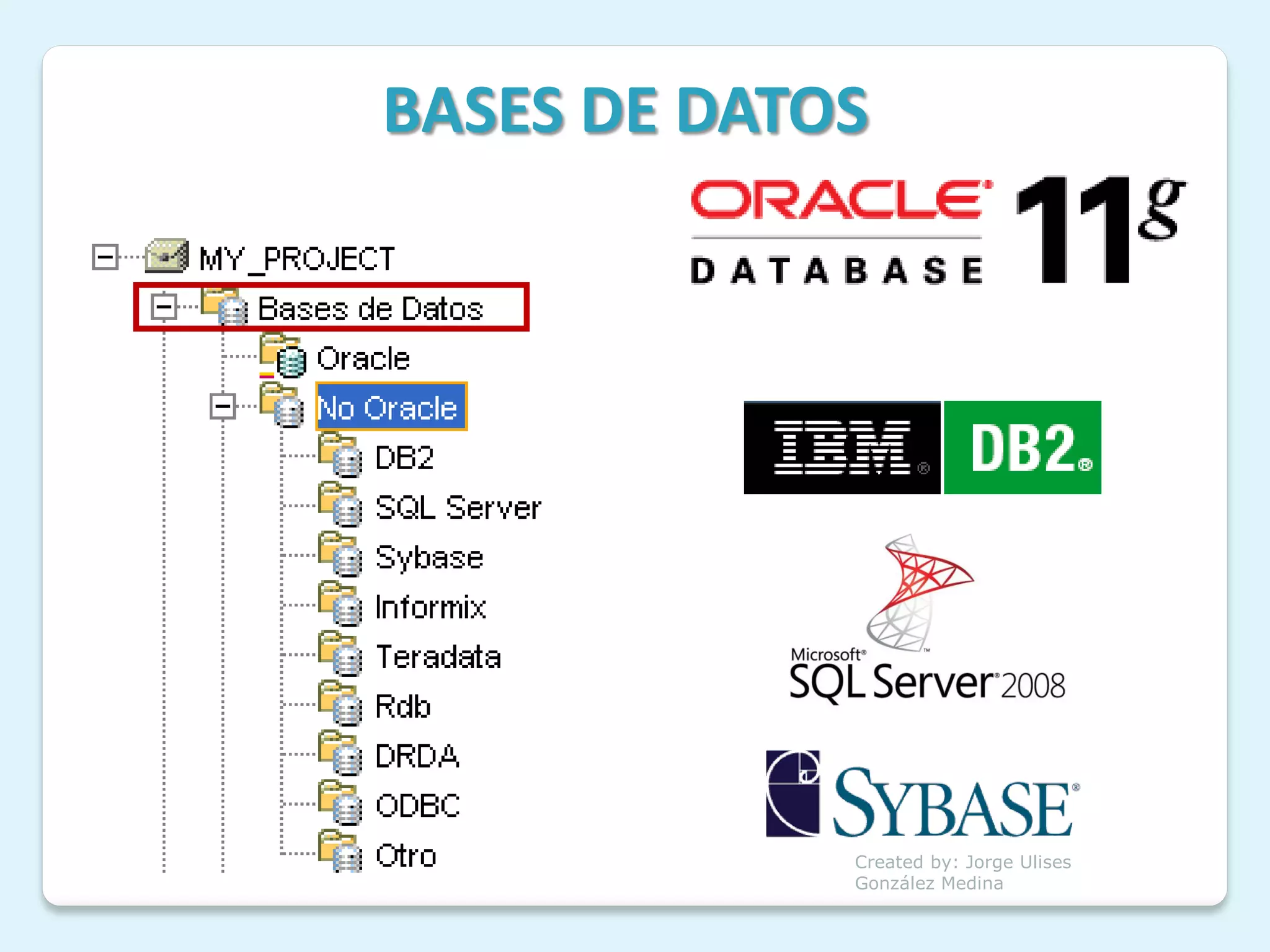 BASES DE DATOS




             Created by: Jorge Ulises
             González Medina
 