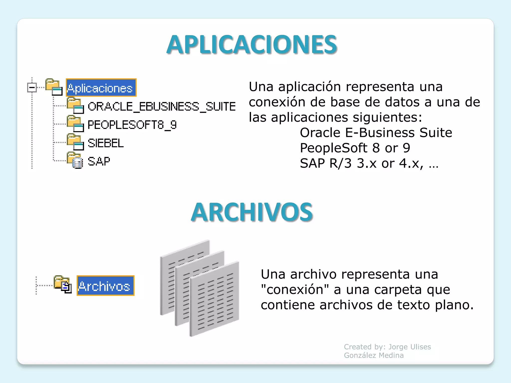 APLICACIONES
     Una aplicación representa una
     conexión de base de datos a una de
     las aplicaciones siguientes:
              Oracle E-Business Suite
              PeopleSoft 8 or 9
              SAP R/3 3.x or 4.x, …



 ARCHIVOS

      Una archivo representa una
      "conexión" a una carpeta que
      contiene archivos de texto plano.


                  Created by: Jorge Ulises
                  González Medina
 