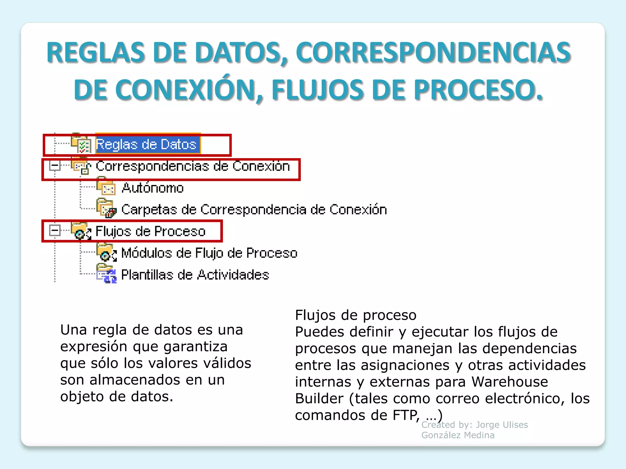 REGLAS DE DATOS, CORRESPONDENCIAS
  DE CONEXIÓN, FLUJOS DE PROCESO.




                               Flujos de proceso
Una regla de datos es una      Puedes definir y ejecutar los flujos de
expresión que garantiza        procesos que manejan las dependencias
que sólo los valores válidos   entre las asignaciones y otras actividades
son almacenados en un          internas y externas para Warehouse
objeto de datos.               Builder (tales como correo electrónico, los
                               comandos de FTP, …)
                                                 Created by: Jorge Ulises
                                                 González Medina
 