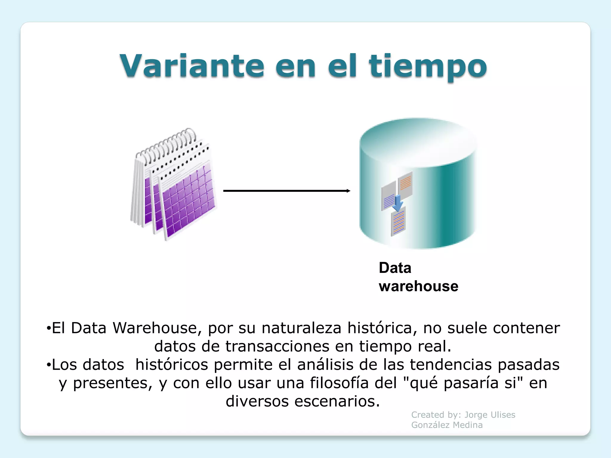 Variante en el tiempo




                                           Data
                                           warehouse

•El Data Warehouse, por su naturaleza histórica, no suele contener
              datos de transacciones en tiempo real.
•Los datos históricos permite el análisis de las tendencias pasadas
  y presentes, y con ello usar una filosofía del "qué pasaría si" en
                        diversos escenarios.
                                                Created by: Jorge Ulises
                                                González Medina
 