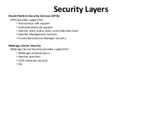 Oracle Platform Security Services (OPSS)
OPSS provides support for:
• Anonymous-role support
• Authenticated-role support
• Identity store, policy store, and credential store
• Identity Management Services
• Oracle Web Service Manager Security
WebLogic Server Security
WebLogic Server Security provides support for:
• WebLogic authenticators
• Identity asserters
• J2EE container security
• SSL
Security Layers
 