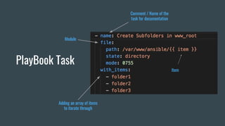 PlayBook Task
Module
Adding an array of items
to iterate through
Comment / Name of the
task for documentation
Item
 