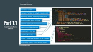 Part 1.1
Module Argument_spec
dictionary
Filename: default_dictionary.py
Source: Ansible Munich Meetup
 