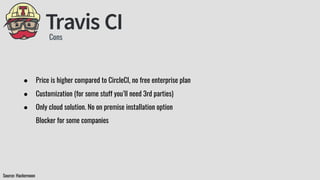 Cons
● Price is higher compared to CircleCI, no free enterprise plan
● Customization (for some stuff you’ll need 3rd parties)
● Only cloud solution. No on premise installation option
Blocker for some companies
Source: Hackernoon
 