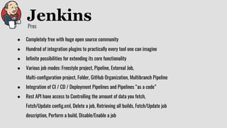 Pros
● Completely free with huge open source community
● Hundred of integration plugins to practically every tool one can imagine
● Infinite possibilities for extending its core functionality
● Various job modes: Freestyle project, Pipeline, External Job,
Multi-configuration project, Folder, GitHub Organization, Multibranch Pipeline
● Integration of CI / CD / Deployment Pipelines and Pipelines “as a code”
● Rest API have access to Controlling the amount of data you fetch,
Fetch/Update config.xml, Delete a job, Retrieving all builds, Fetch/Update job
description, Perform a build, Disable/Enable a job
 