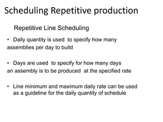 Scheduling Repetitive production
• Daily quantity is used to specify how many
assemblies per day to build
• Days are used ...