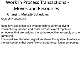 Work in Process Transactions -
Moves and Resources
Charging Multiple Schedules
Repetitive Allocation
Repetitive allocation...