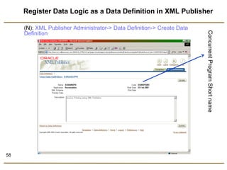 58 
Register Data Logic as a Data Definition in XML Publisher 
Concurrent Program Short name 
(N): XML Publisher Administrator-> Data Definition-> Create Data 
Definition 
 