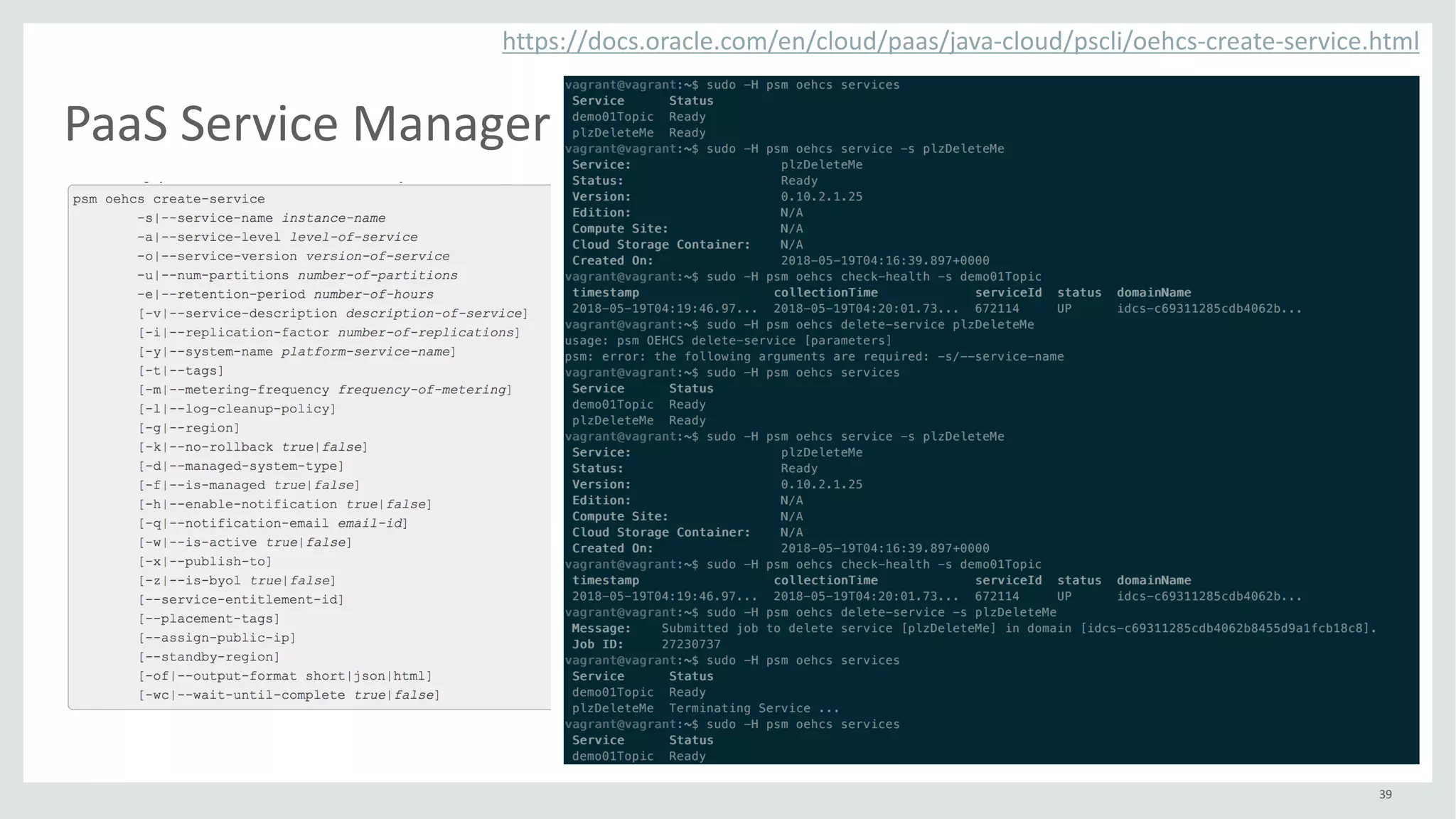 39
PaaS	Service	Manager
https://docs.oracle.com/en/cloud/paas/java-cloud/pscli/oehcs-create-service.html
 