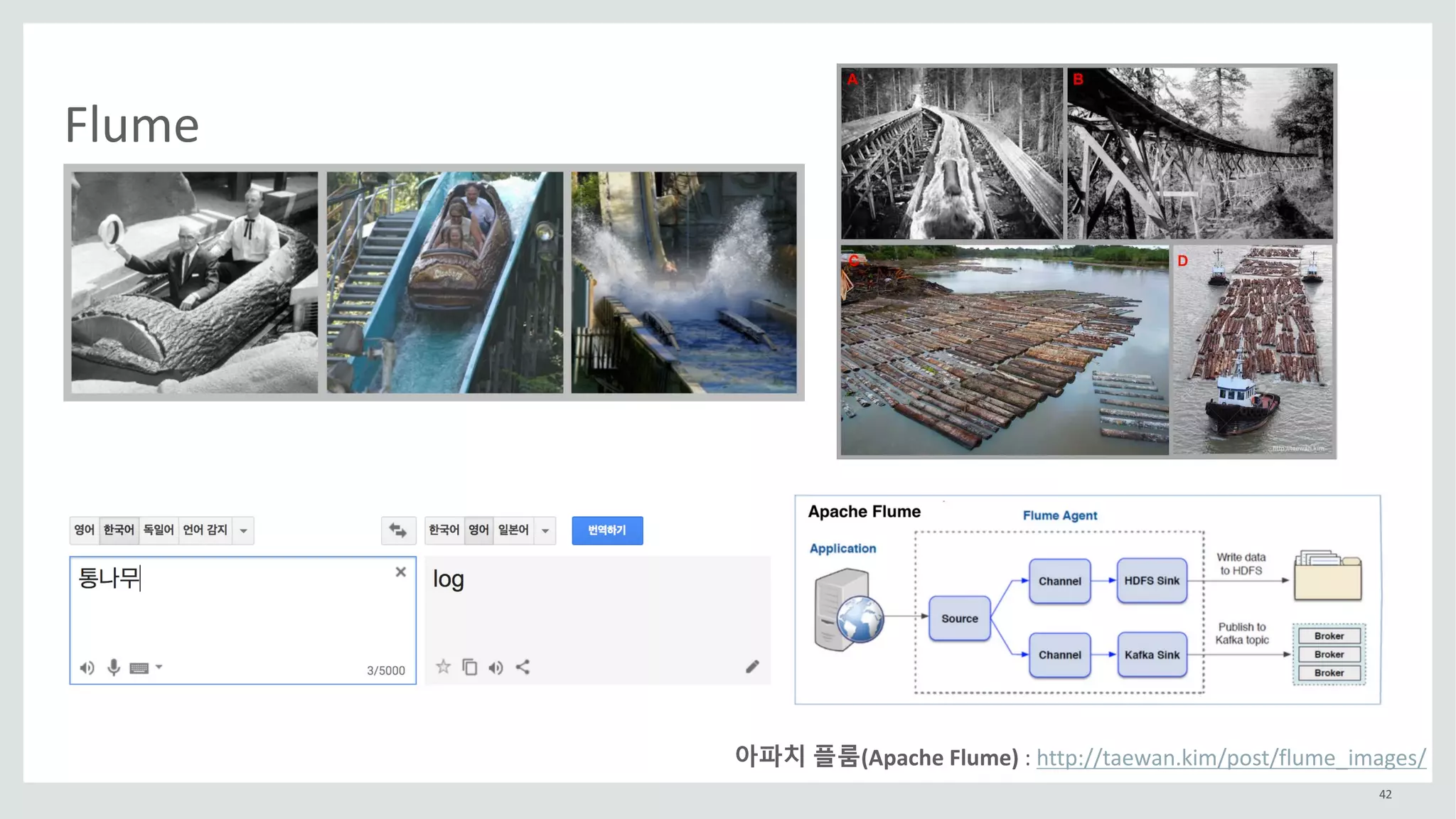 42
Flume
아파치 플룸(Apache	Flume)	:	http://taewan.kim/post/flume_images/
 