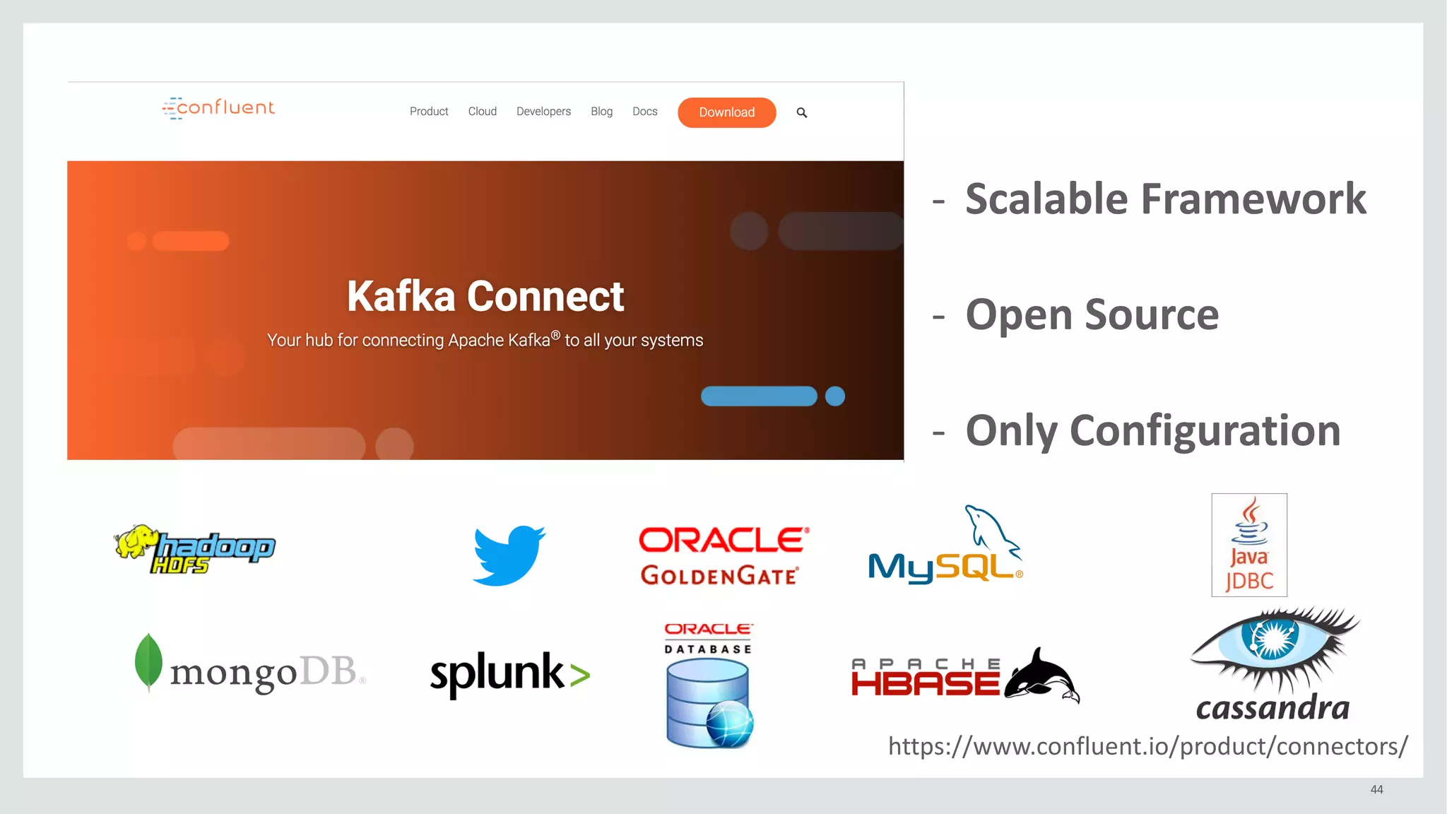 44
https://www.confluent.io/product/connectors/
- Scalable	Framework
- Open	Source
- Only	Configuration
 