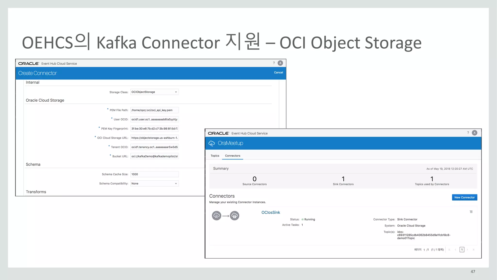 47
OEHCS의 Kafka	Connector	지원 – OCI	Object	Storage
 