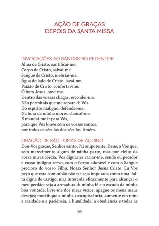 56
Ação de graças
depois da Santa Missa
Invocações ao Santíssimo Redentor
Alma de Cristo, santificai-me.
Corpo de Cristo, salvai-me.
Sangue de Cristo, inebriai-me.
Água do lado de Cristo, lavai-me.
Paixão de Cristo, confortai-me.
Ó bom Jesus, ouvi-me.
Dentro das vossas chagas, escondei-me.
Não permitais que me separe de Vós.
Do espírito maligno, defendei-me.
Na hora da minha morte, chamai-me.
E mandai-me ir para Vós,
para que Vos louve com os vossos santos,
por todos os séculos dos séculos. Amém.
Oração de São Tomás de Aquino
Dou-Vos graças, Senhor santo, Pai onipotente, Deus, a Vós que,
sem merecimento algum de minha parte, mas por efeito da
vossa misericórdia, Vos dignastes saciar-me, sendo eu pecador
e vosso indigno servo, com o Corpo adorável e com o Sangue
precioso do vosso Filho, Nosso Senhor Jesus Cristo. Eu Vos
peço que esta comunhão não me seja imputada como uma fal-
ta digna de castigo, mas interceda eficazmente para alcançar o
meu perdão; seja a armadura da minha fé e o escudo da minha
boa vontade; livre-me dos meus vícios; apague os meus maus
desejos; mortifique a minha concupiscência; aumente em mim
a caridade e a paciência, a humildade, a obediência e todas as
 