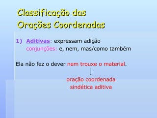 Classificação das  Orações Coordenadas Aditivas :  expressam adição conjunções:  e, nem, mas/como também Ela não fez o dever  nem trouxe o material .   oração coordenada   sindética aditiva 