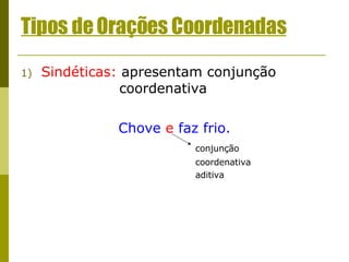 Tipos de Orações Coordenadas Sindéticas:  apresentam conjunção    coordenativa Chove  e  faz frio. conjunção  coordenativa aditiva 