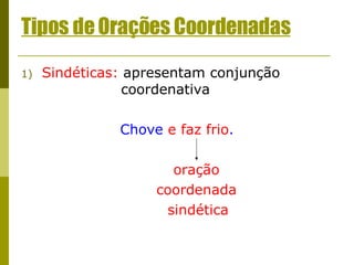 Tipos de Orações Coordenadas Sindéticas:  apresentam conjunção    coordenativa Chove  e faz frio . oração   coordenada   sindética 