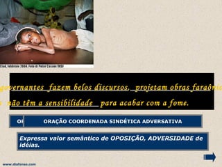 www.diafonso.com
governantes fazem belos discursos, projetam obras faraônic
s não têm a sensibilidade para acabar com a fome.
ORAÇÃO COORDENADA ASSINDÉTICA
Expressa valor semântico de OPOSIÇÃO, ADVERSIDADE de
idéias.
ORAÇÃO COORDENADA ASSINDÉTICAORAÇÃO COORDENADA SINDÉTICAORAÇÃO COORDENADA SINDÉTICA ADVERSATIVA
 