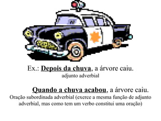 Ex.: Depois da chuva, a árvore caiu.
adjunto adverbial
Quando a chuva acabou, a árvore caiu.
Oração subordinada adverbial (exerce a mesma função de adjunto
adverbial, mas como tem um verbo constitui uma oração)
 