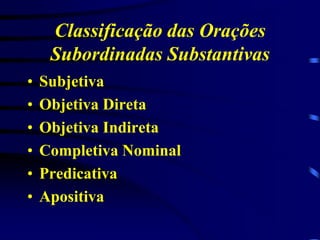 Classificação das Orações
Subordinadas Substantivas
•
•
•
•
•
•

Subjetiva
Objetiva Direta
Objetiva Indireta
Completiva Nominal
Predicativa
Apositiva

 
